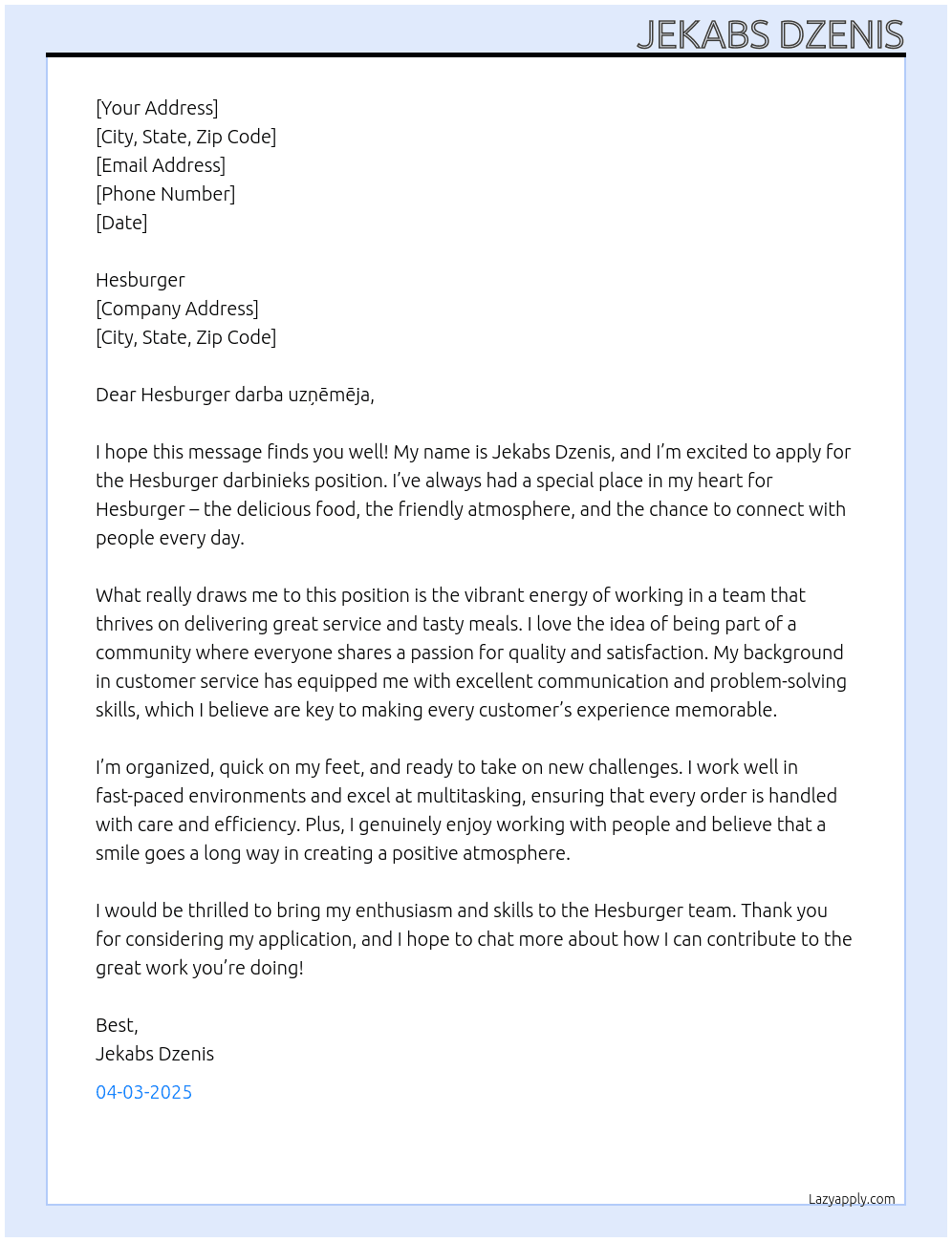 Hesburger darbinieks At Hesburger Cover Letter