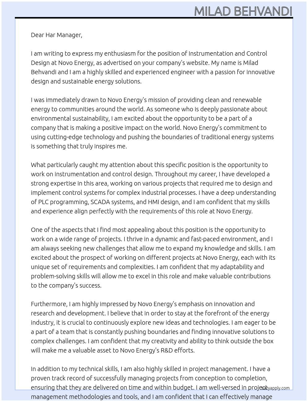 Instrumentation and control design At Novo energy Cover Letter