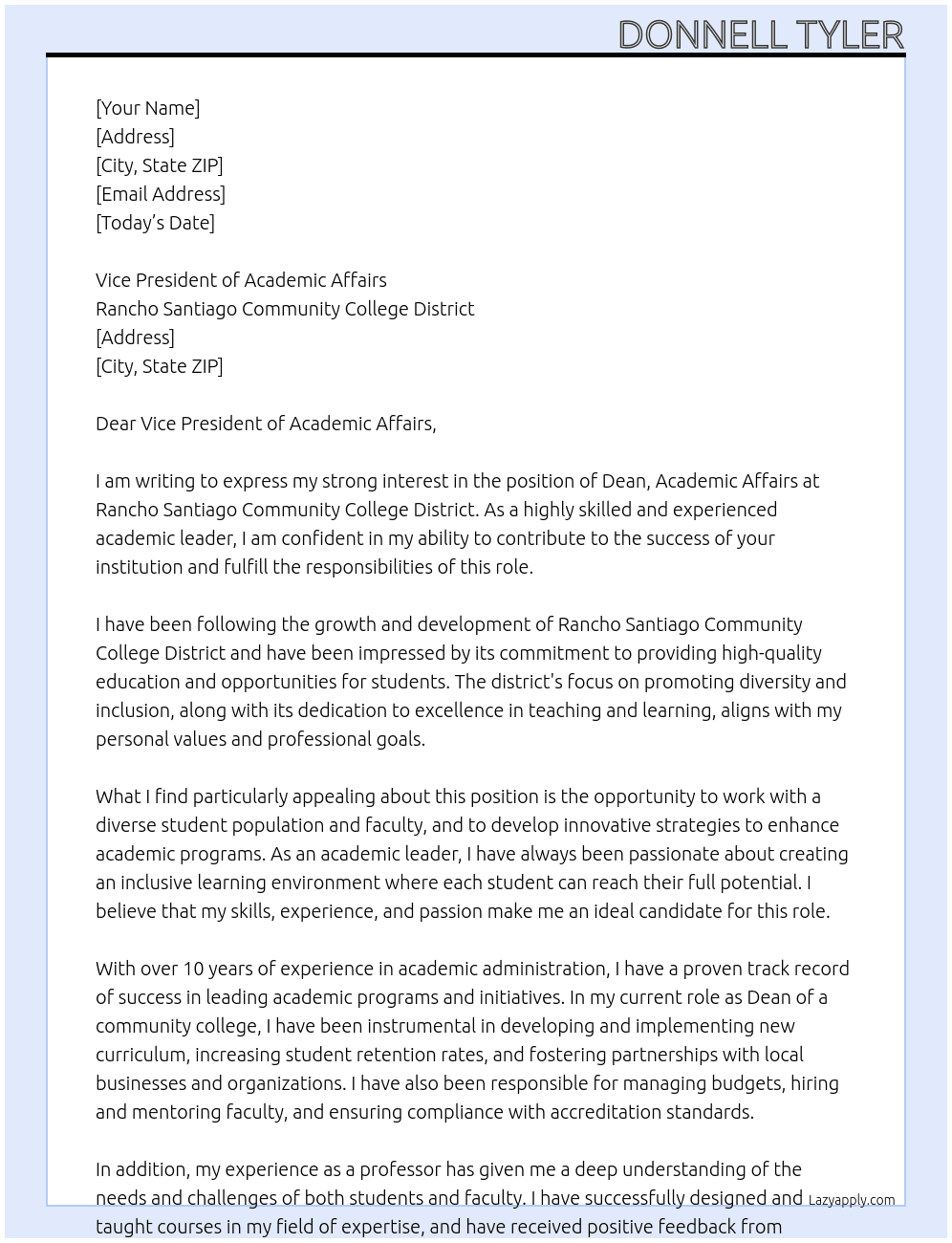 Dean, Academic Affairs At Rancho Santiago Community College District Cover Letter