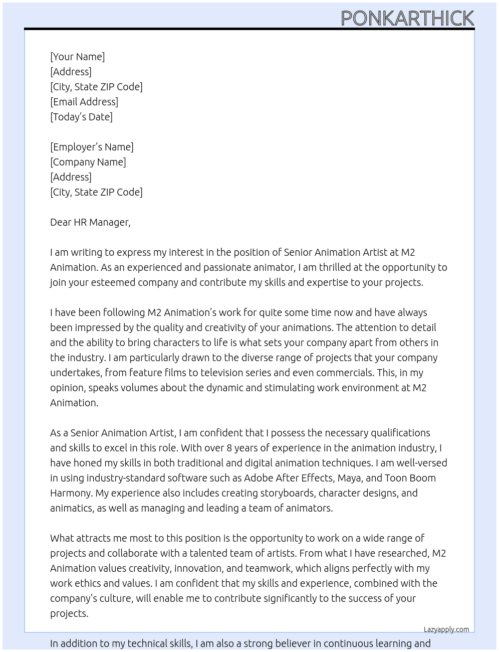 Senior Animation artist At M2 Animation Cover Letter