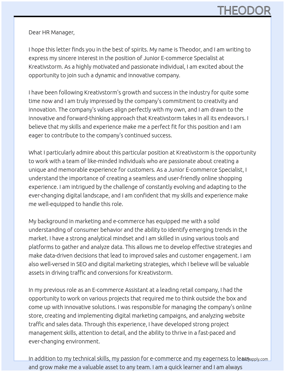 Cover letter for junior e-commerce specialist - LazyApply