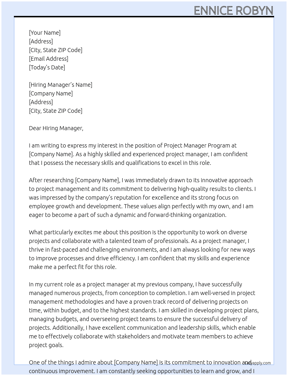 Project Manager Program At whatever.tm Cover Letter