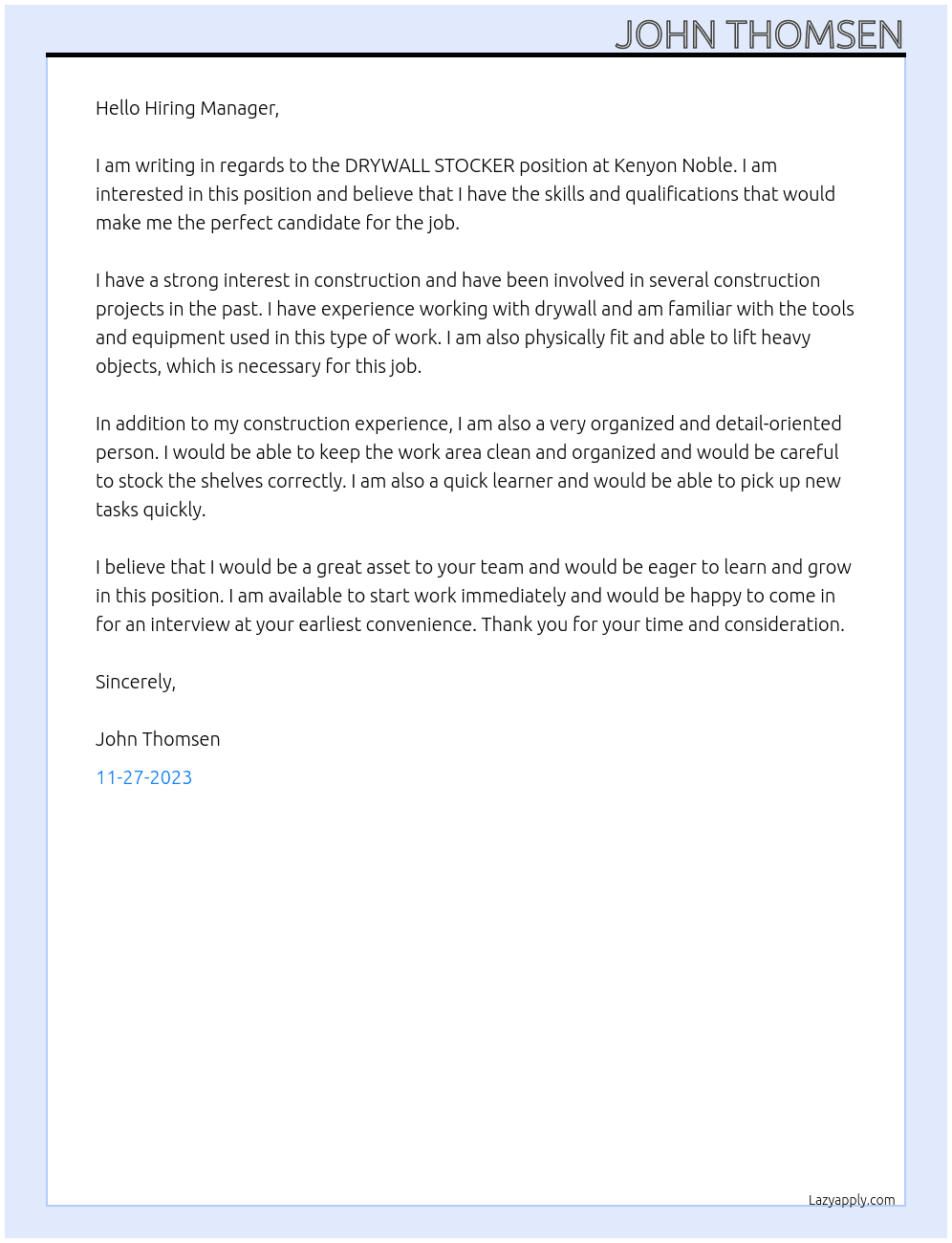 DRYWALL STOCKER At Kenyon Noble Cover Letter