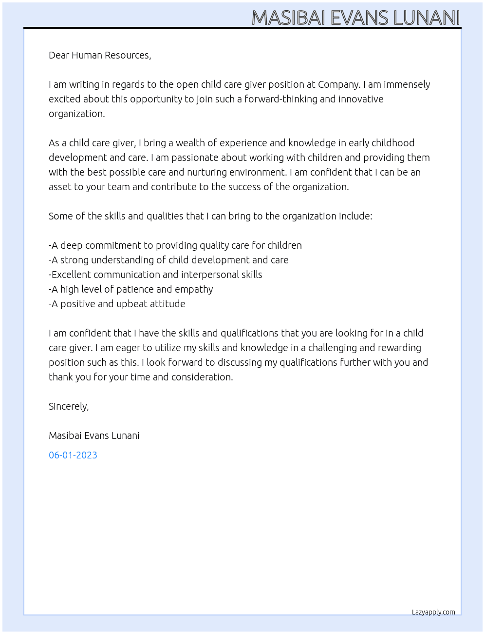 Child care giver At Company Cover Letter