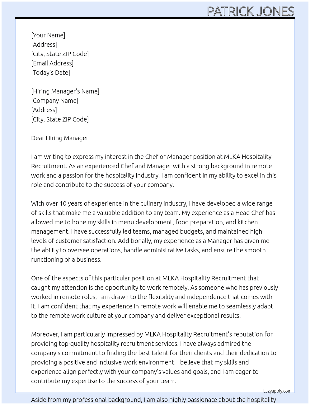 Chef or Manager  At MLKA Hospitality Recruitment  Cover Letter