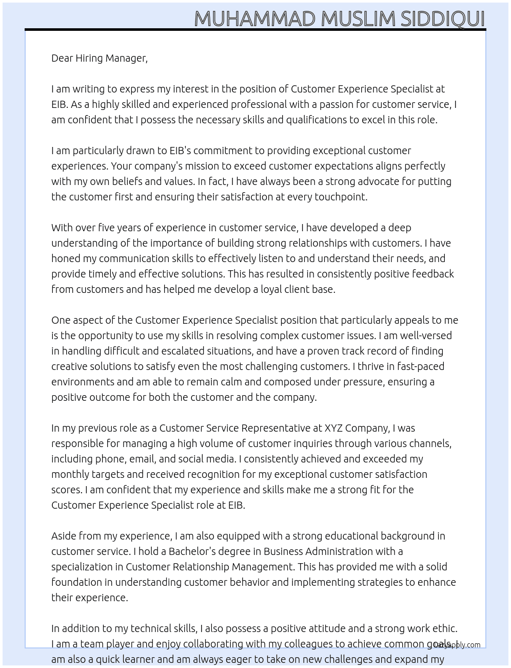 Customer Experience Specialist At EIB Cover Letter