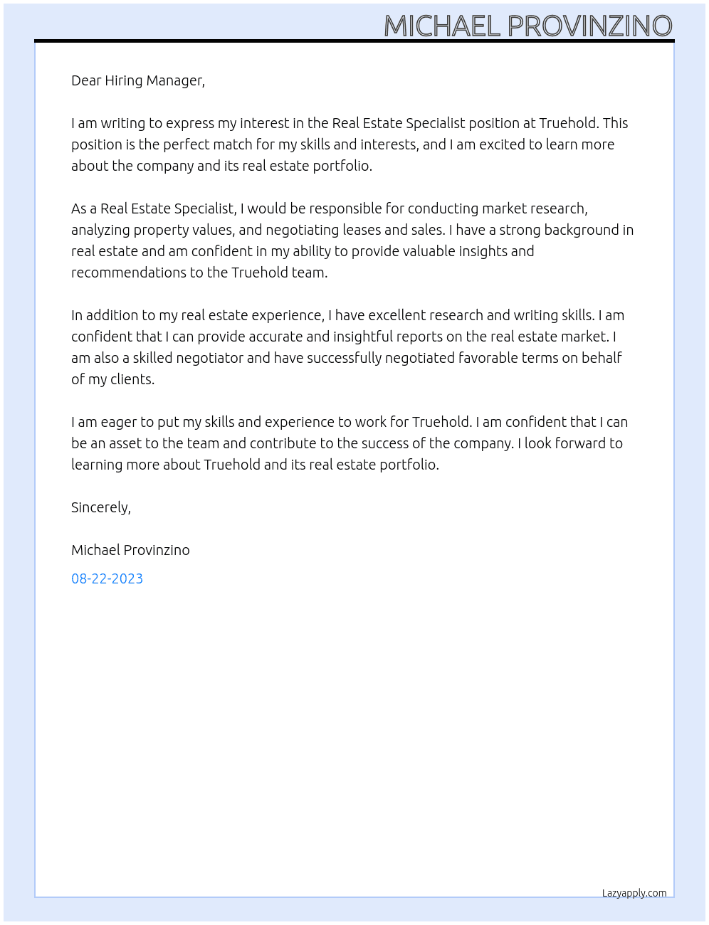 Real Estate Specialist At Truehold Cover Letter
