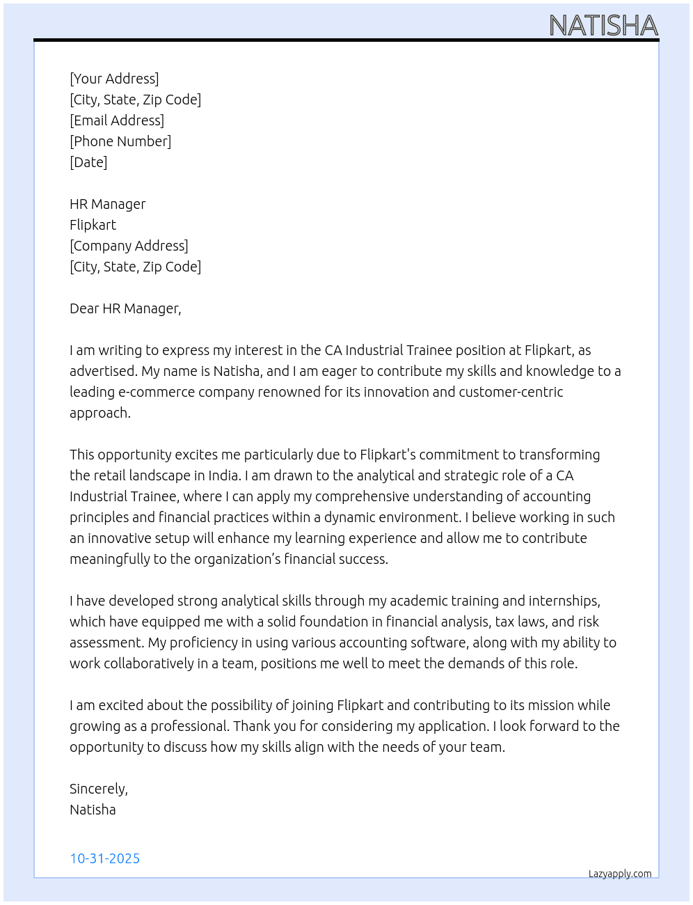 CA Industrial Trainee At Flipkart Cover Letter