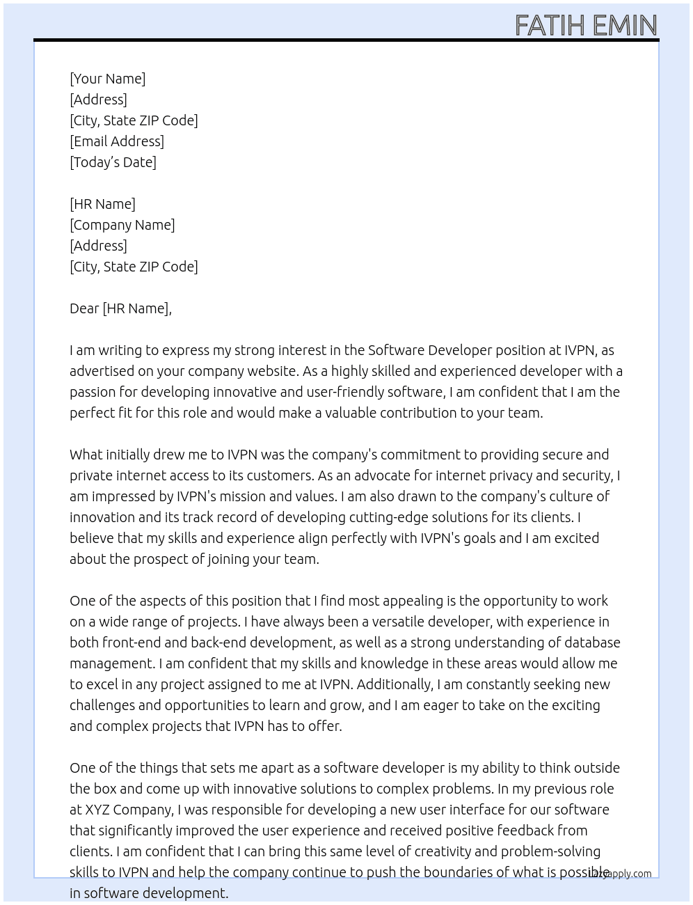 Software Developer At IVPN Cover Letter