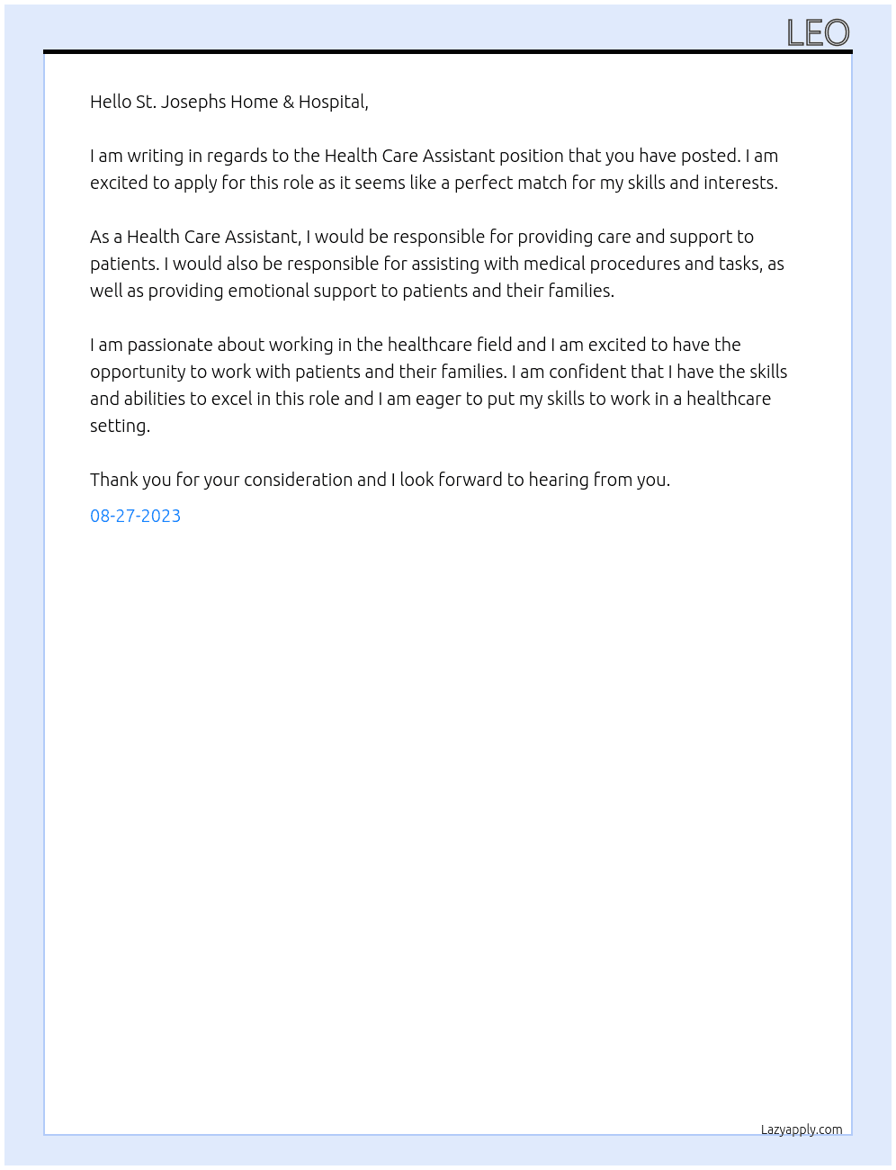 Health Care Assitant At St. Josephs Home & Hospital Cover Letter