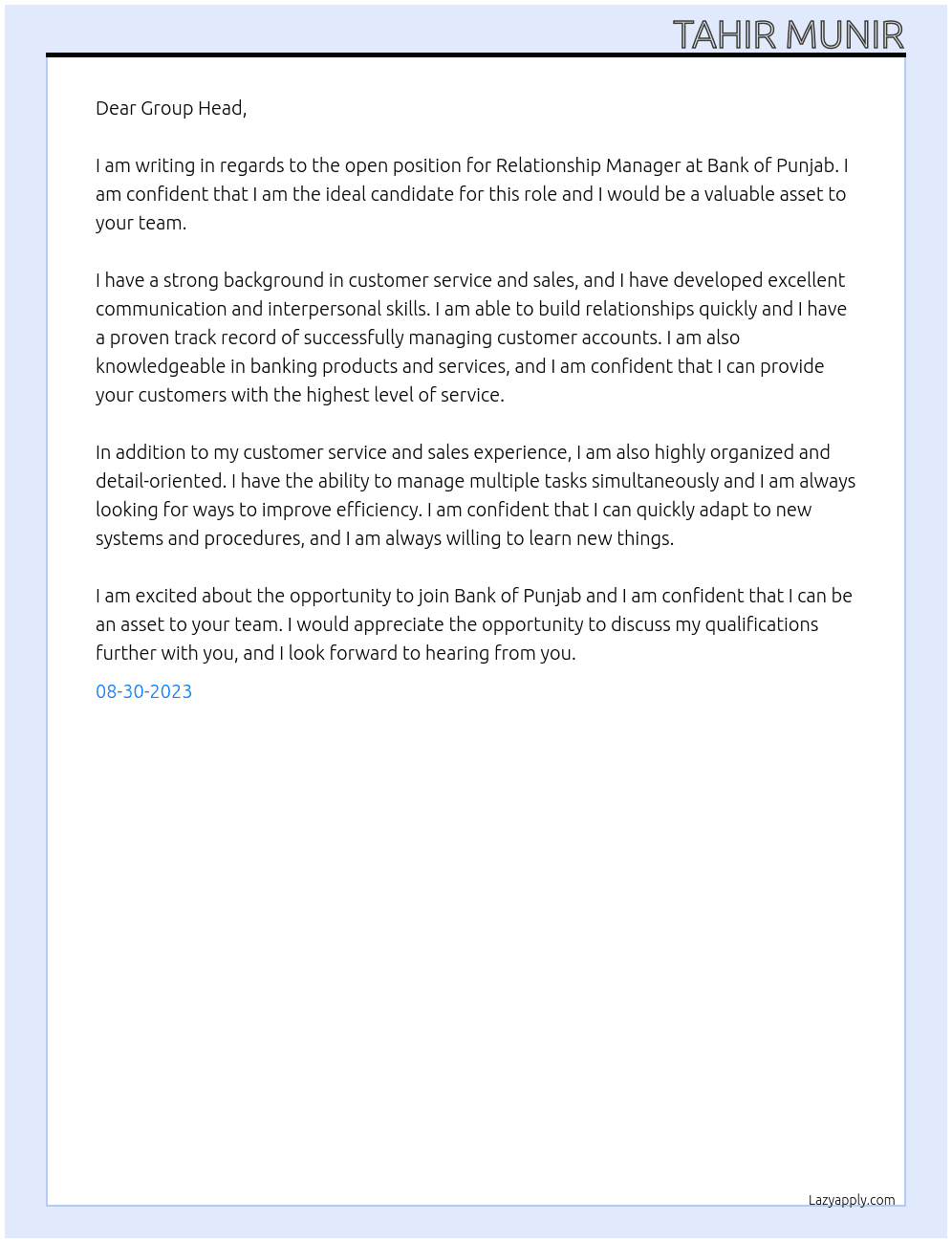 Relationship Manager At Bank of Punjab Cover Letter