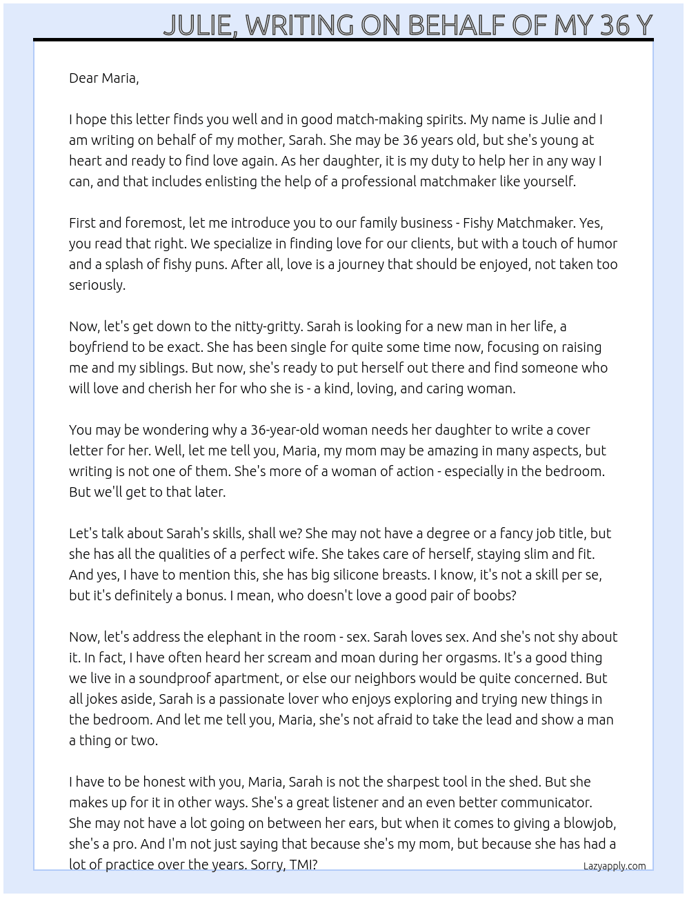 Wife At Fishy matchmaker  Cover Letter
