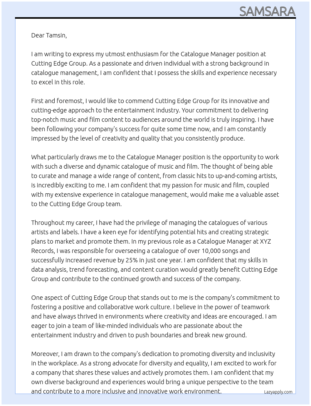 Catalogue Manager  At Cutting Edge Group Cover Letter