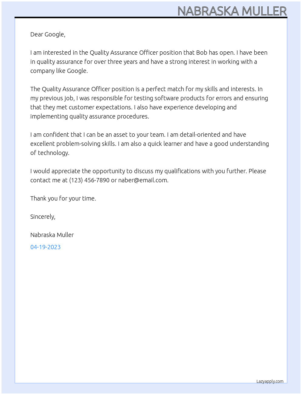 Quality assurance officer At Google Cover Letter