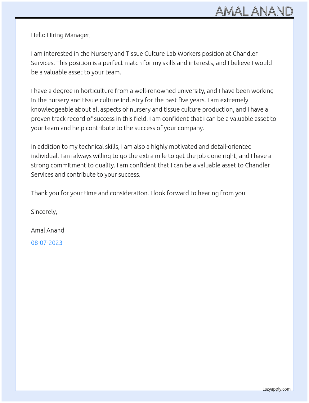 Nursery and Tissue Culture Lab Workers At Chandler Services Cover Letter
