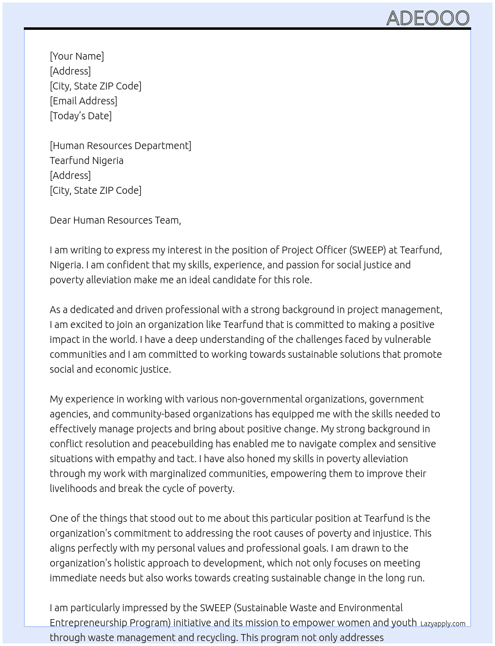 Project Officer (SWEEP)  At Tearfund,  Nigeria Cover Letter