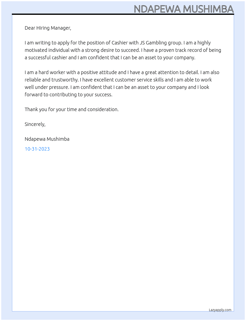 Cashier At JS Gambling group Cover Letter