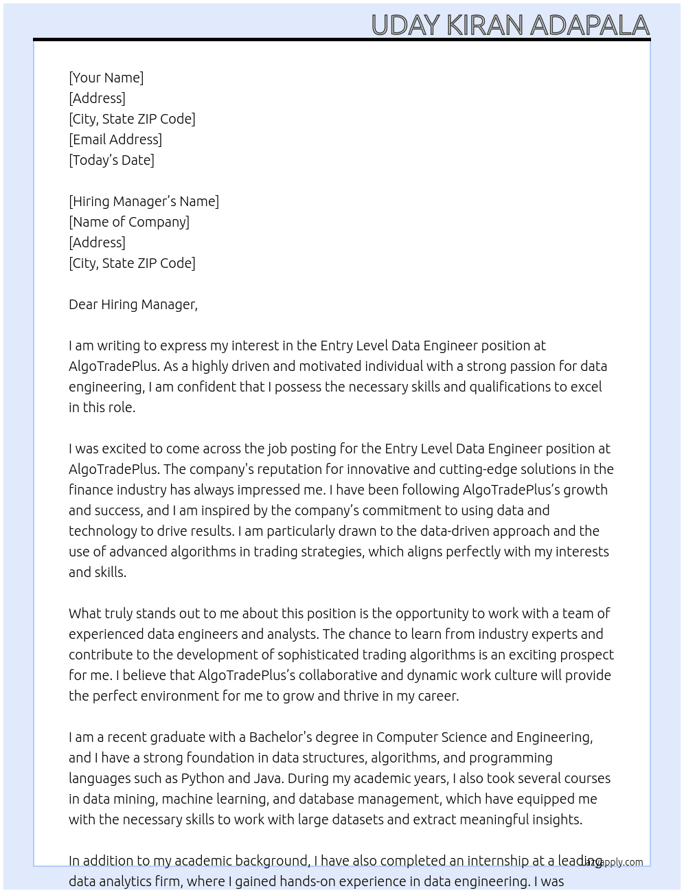 Entry Level Data Engineer At AlgoTradePlus Cover Letter