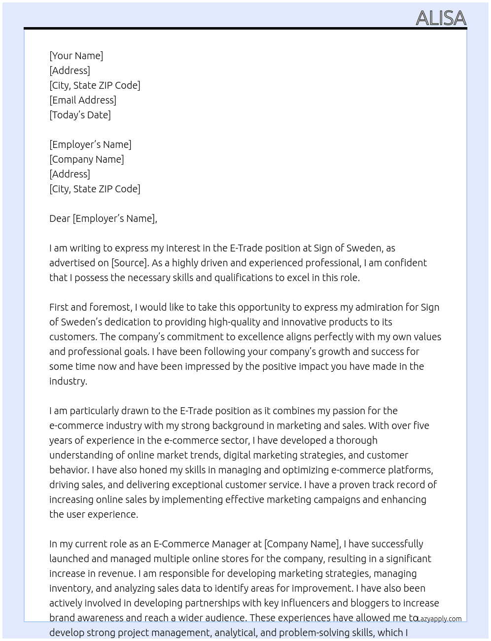 e trade At sign of sweden Cover Letter