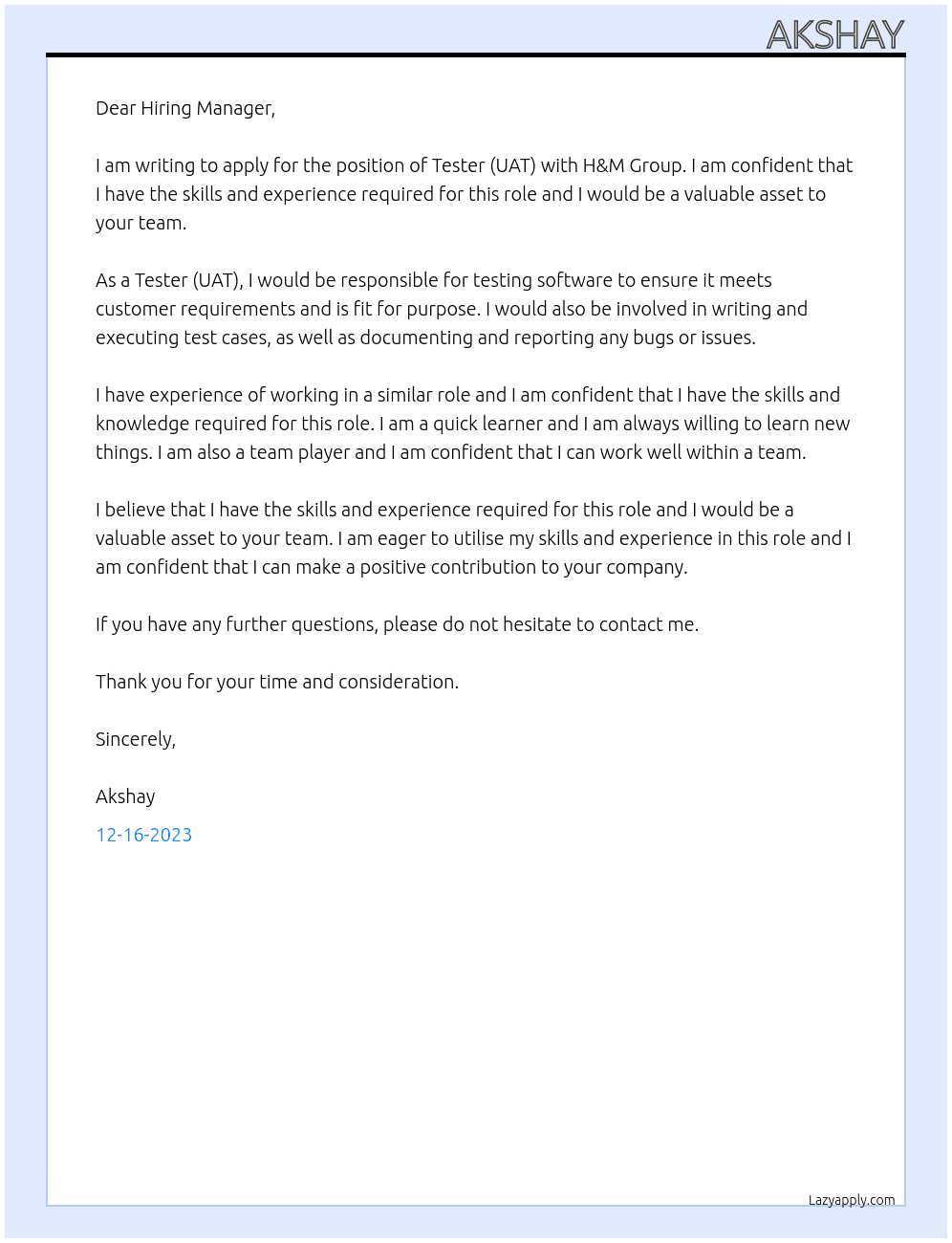 Tester (UAT) At H&M Group  Cover Letter