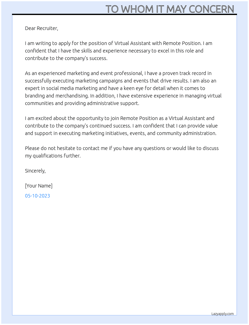 Virtual Assistant  At Remote Position  Cover Letter