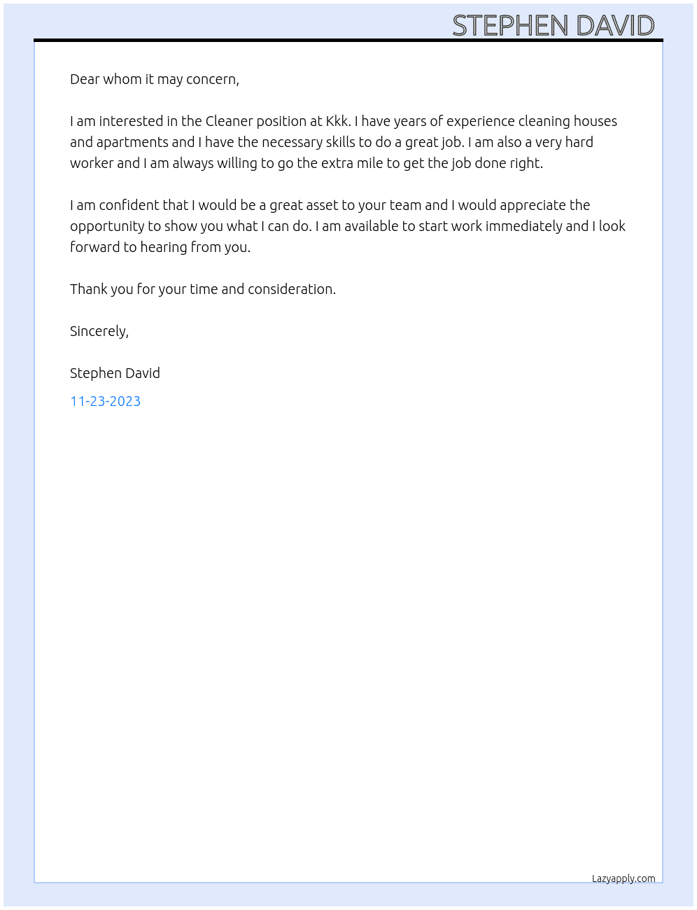 Cleaner  At Kkk Cover Letter