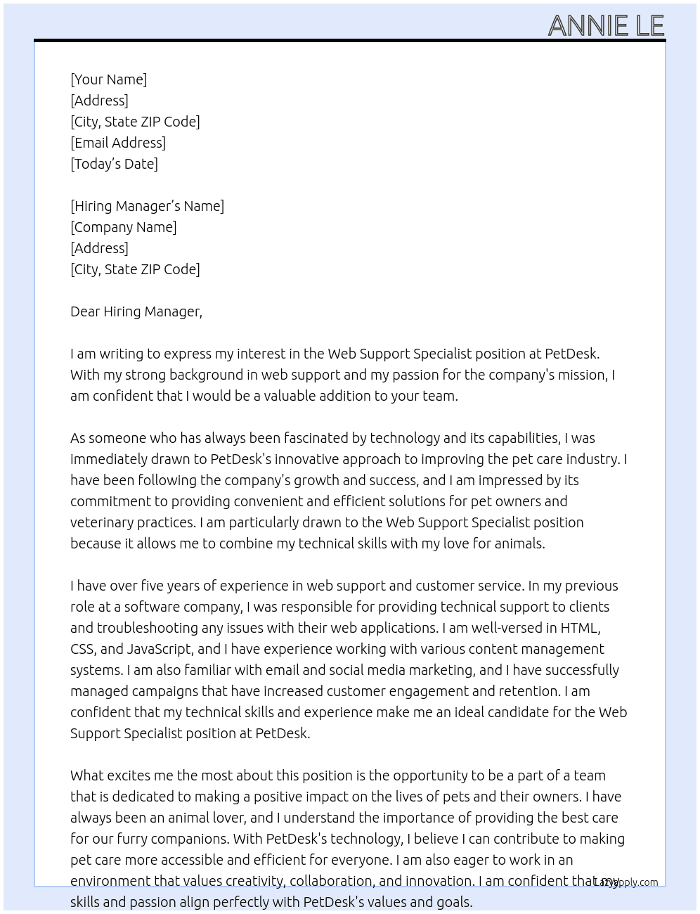 web support specialist At PetDesk Cover Letter