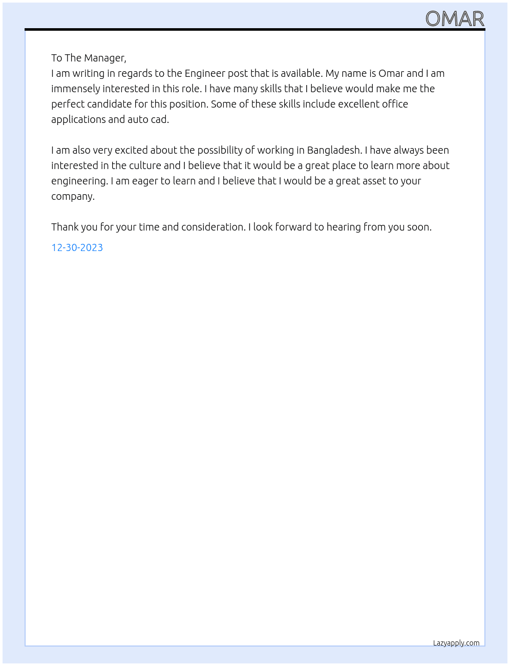 Engineer post At Engnieer post Cover Letter