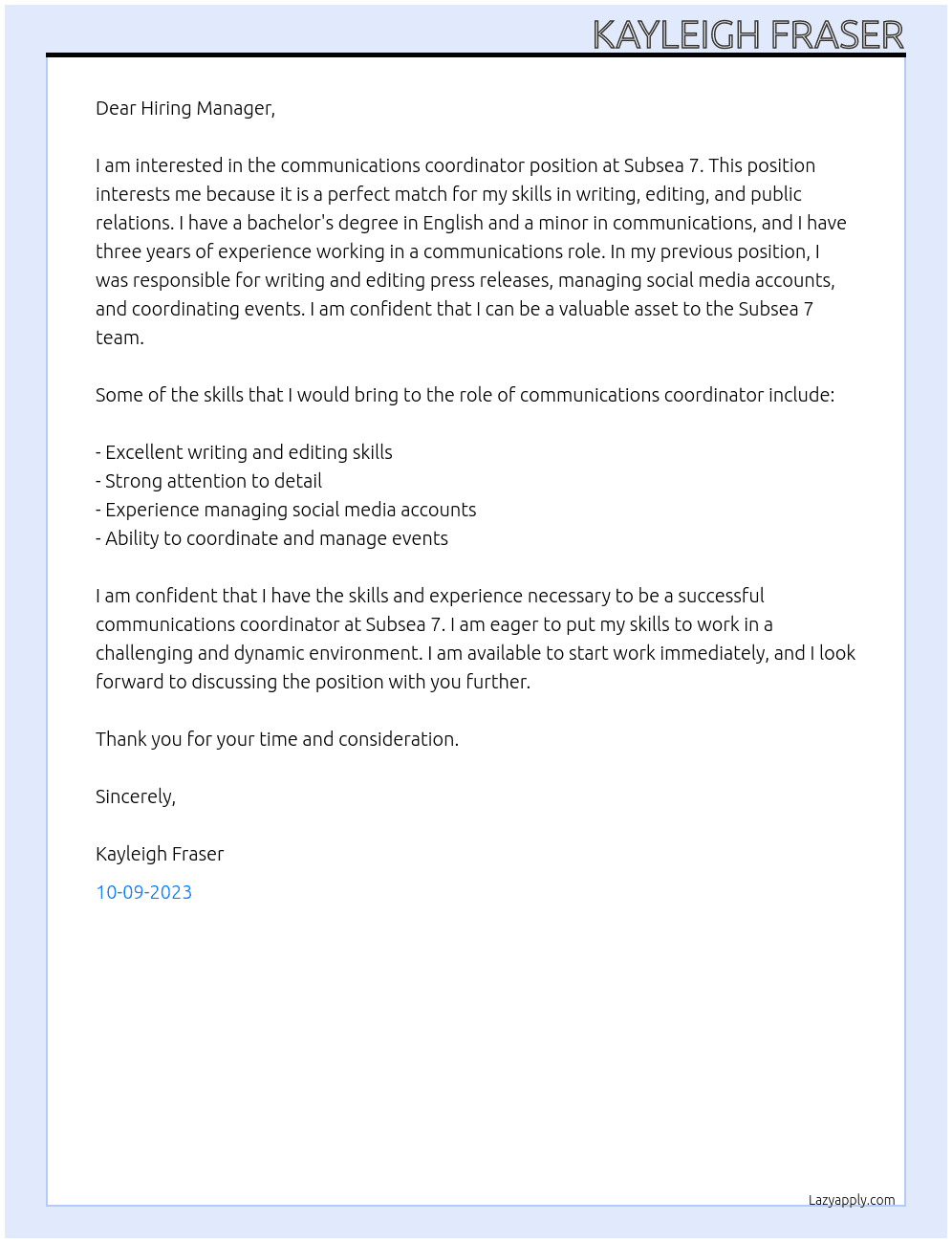 communications coordinator At Subsea 7 Cover Letter