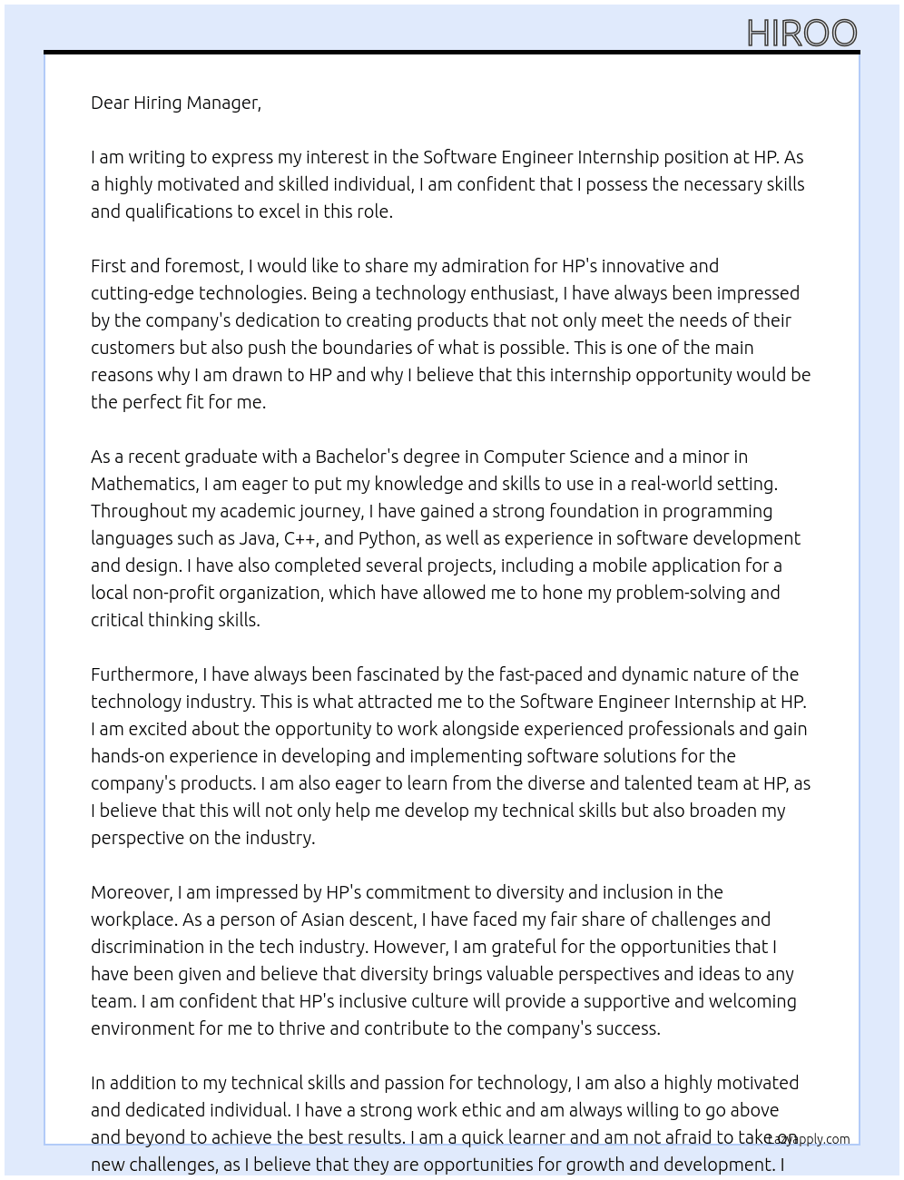 Software Engineer Intership At HP Cover Letter