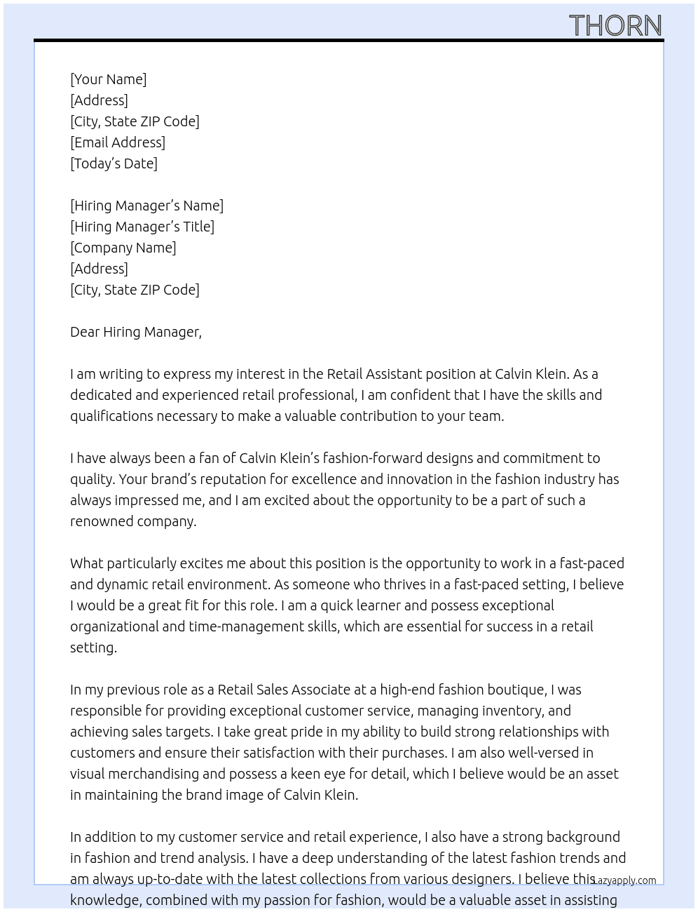 Retail Assistant At Calvin Klein  Cover Letter