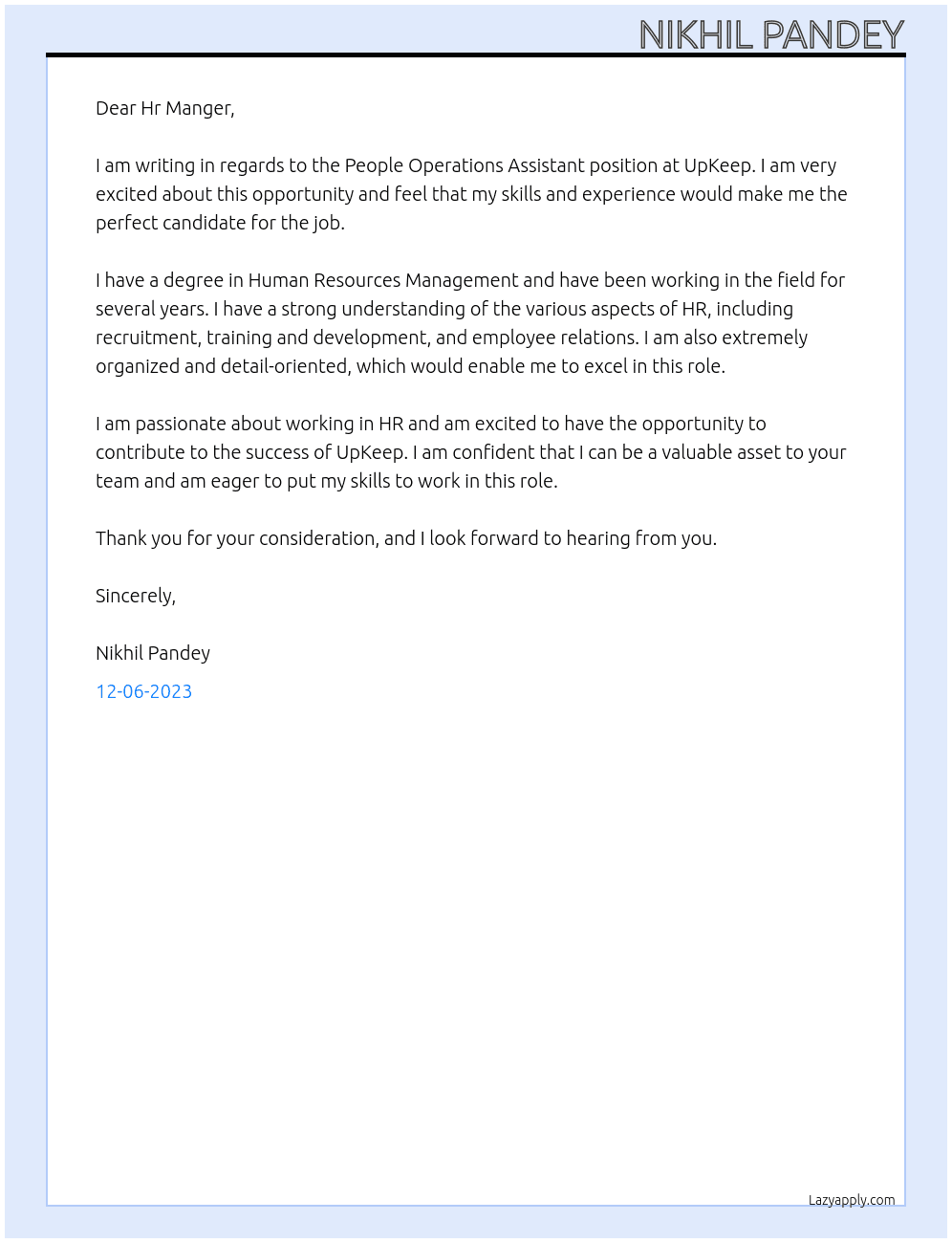 People Operations Assistant At UpKeep Cover Letter