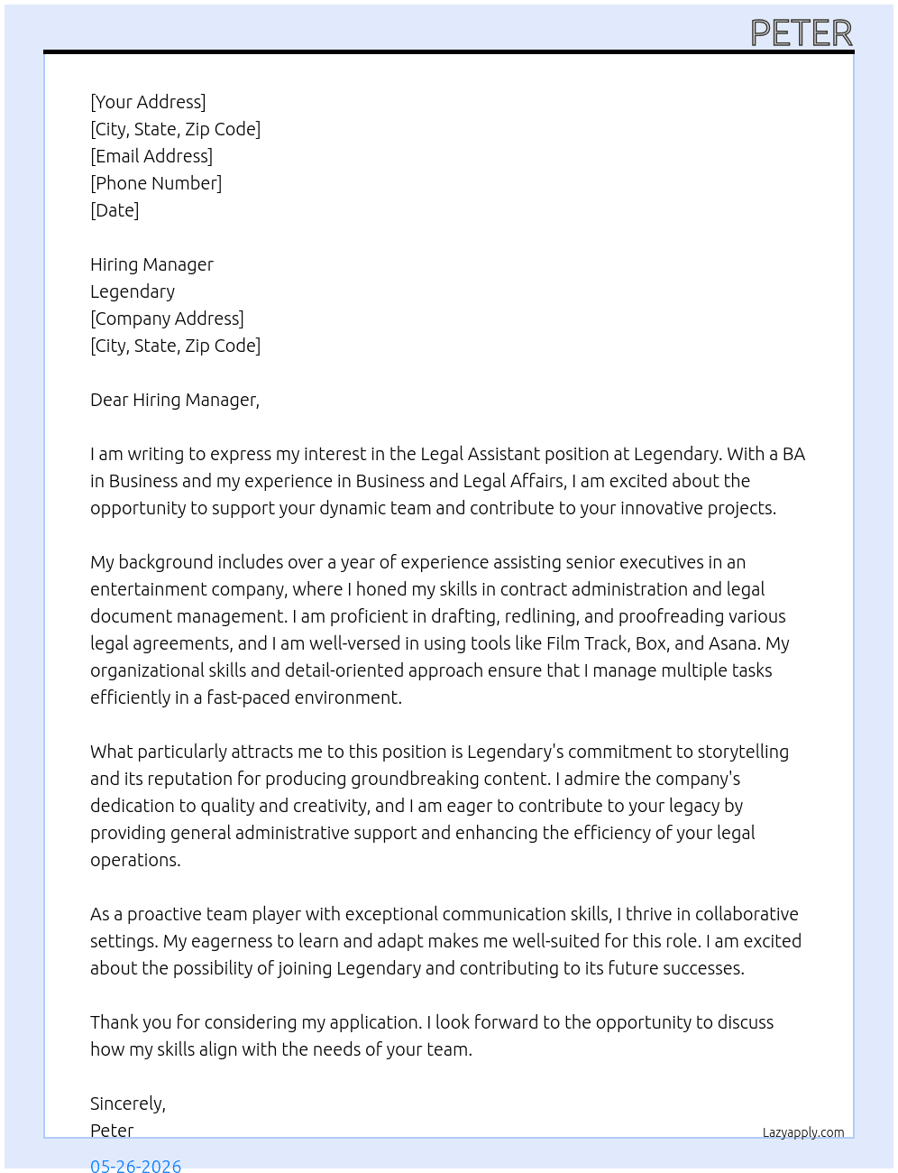 Legal Assistant  At Legendary  Cover Letter