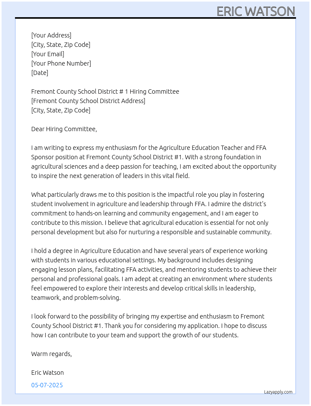 Agriculture Education Teacher and FFA Sponsor At Fremont County School District # 1 Cover Letter