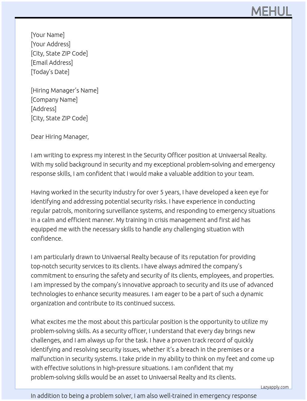 Security Officer  At Univaersal realty  Cover Letter