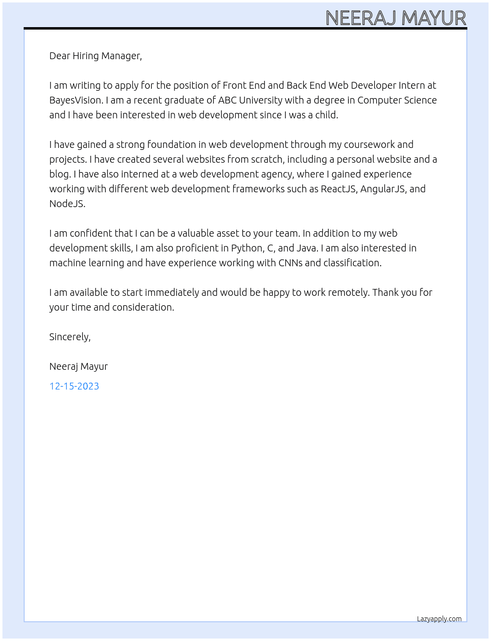 Front End anfd Back End Web Developer Intern At BayesVision Cover Letter