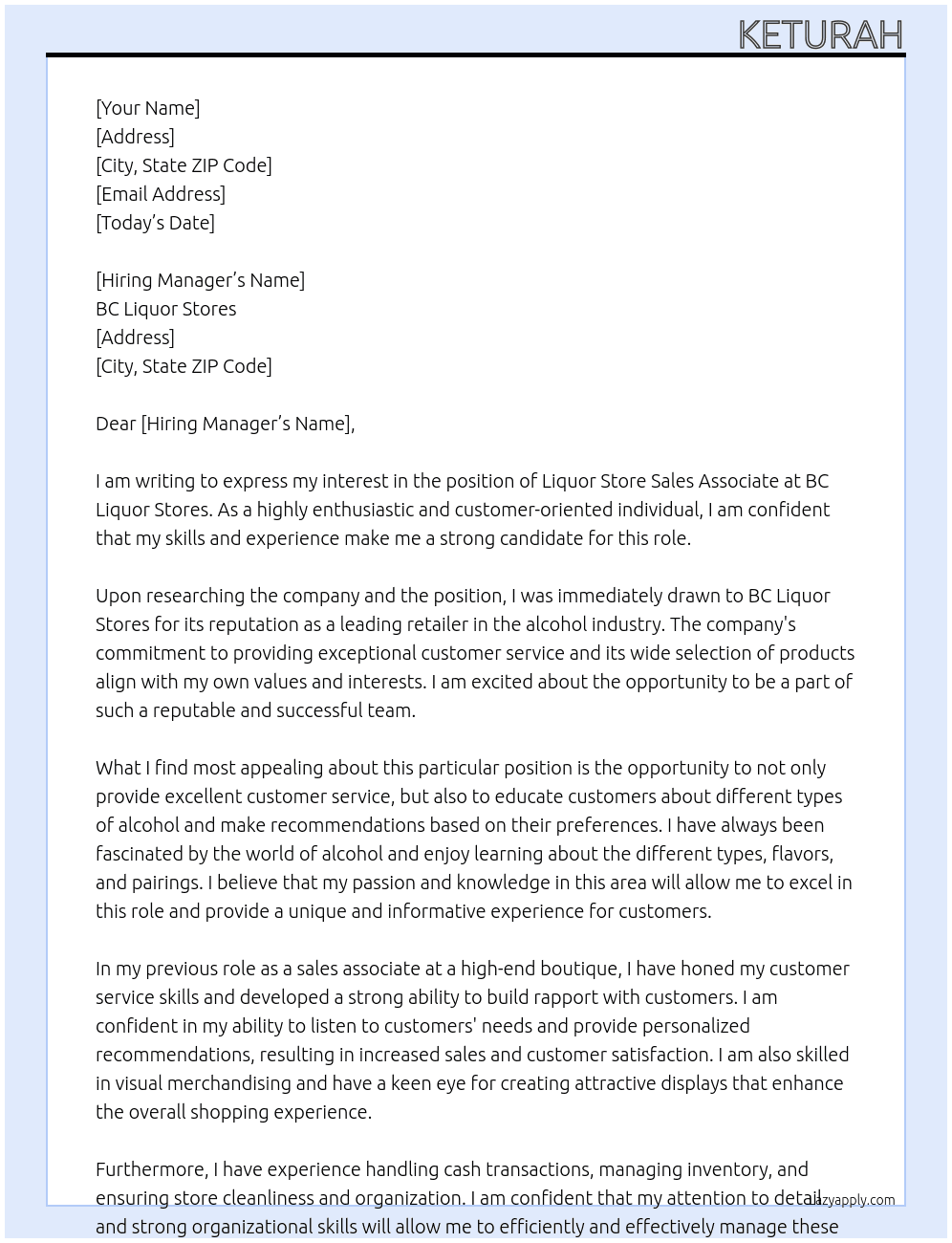 Liquor Store Sales Associate At BC liquor stores Cover Letter