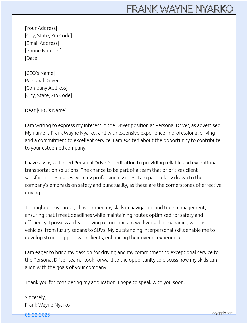 Driver At Personal Driver  Cover Letter