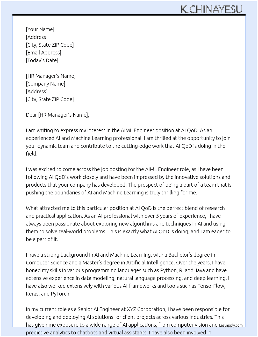 Aiml engineer  At AI QoD Cover Letter