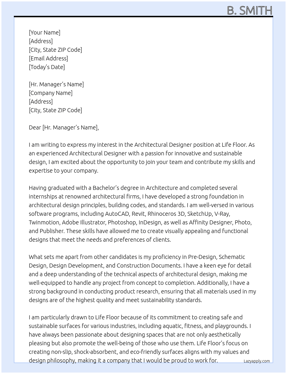 Architectural Designer At Life Floor Cover Letter