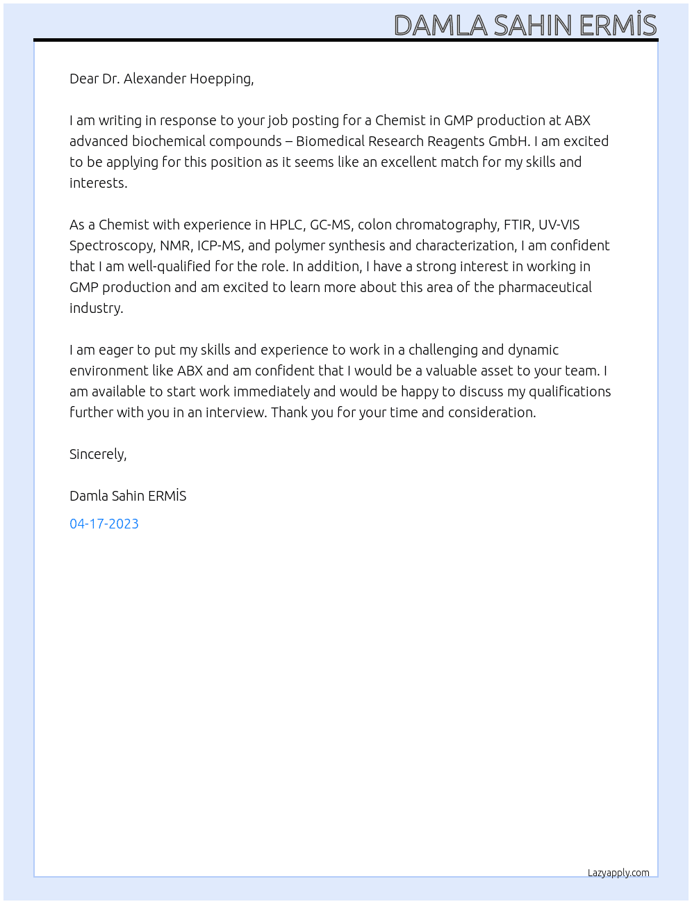 Chemist - GMP production At ABX advanced biochemical compounds – Biomedical Research Reagents GmbH Cover Letter