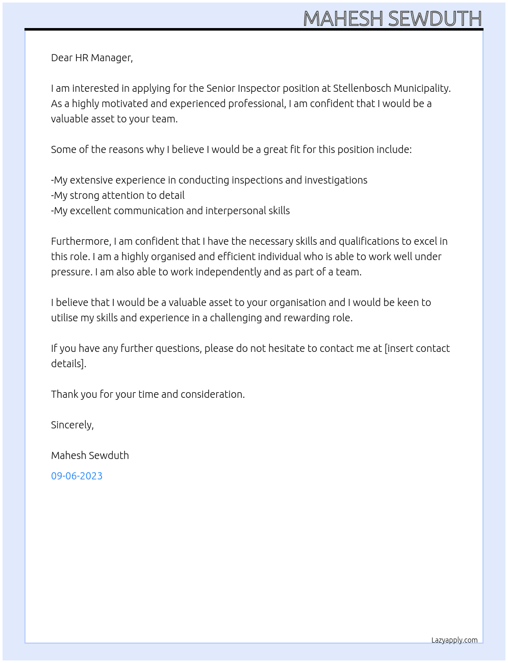 Senior Inspector At Stellenbosch Municipality Cover Letter