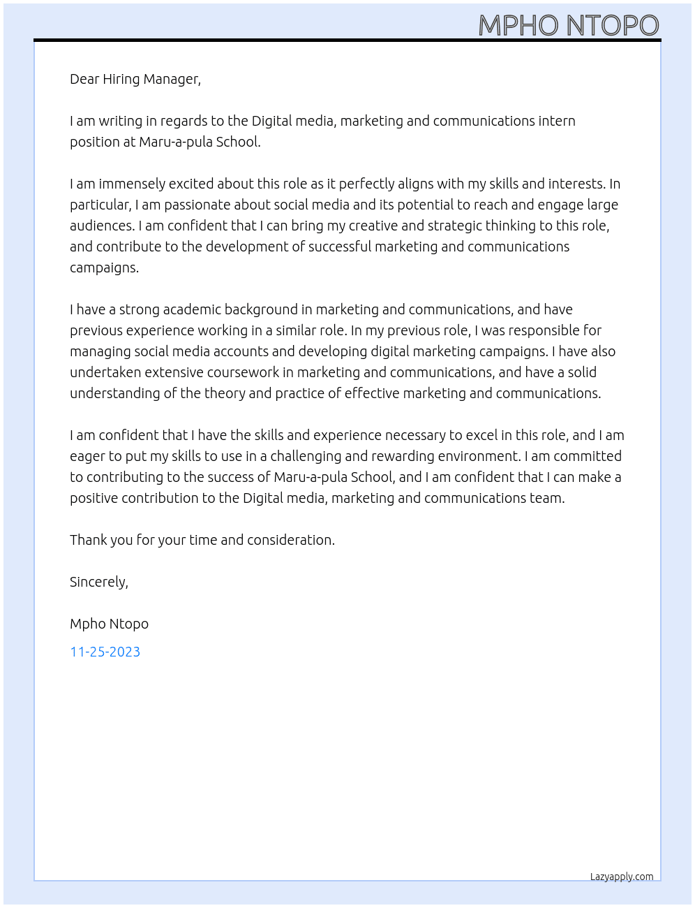 Digital media, marketing and communications intern At Maru-a-pula School Cover Letter