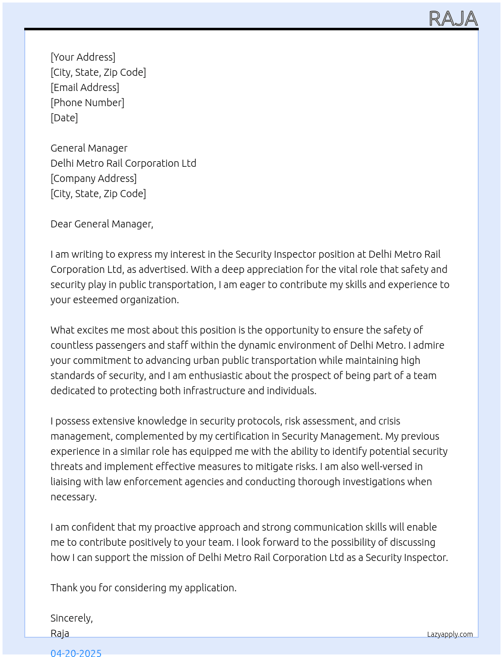 Cover letter for security inspector - LazyApply