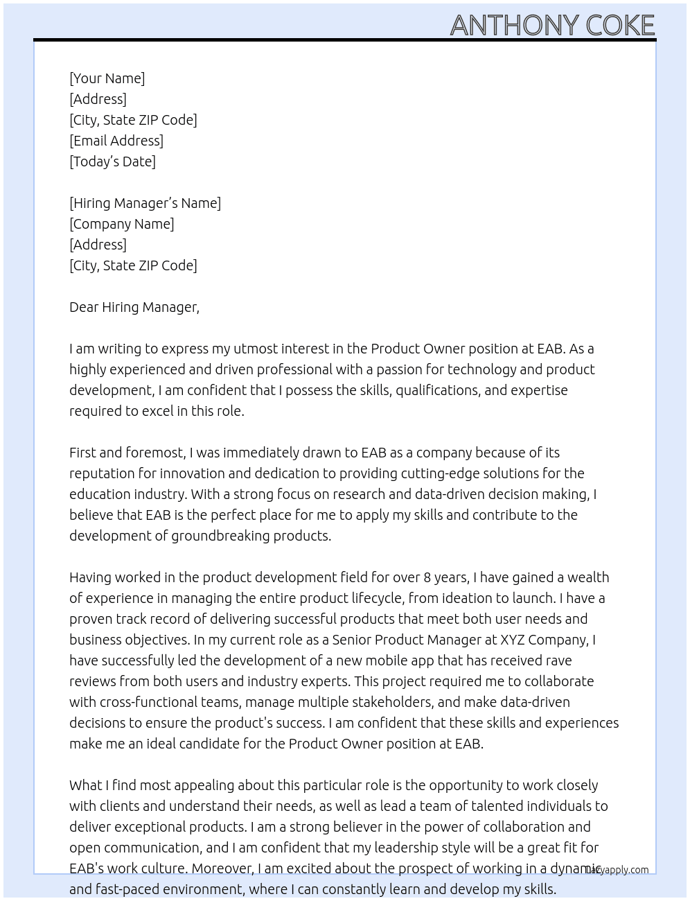 Product Owner At EAB Cover Letter