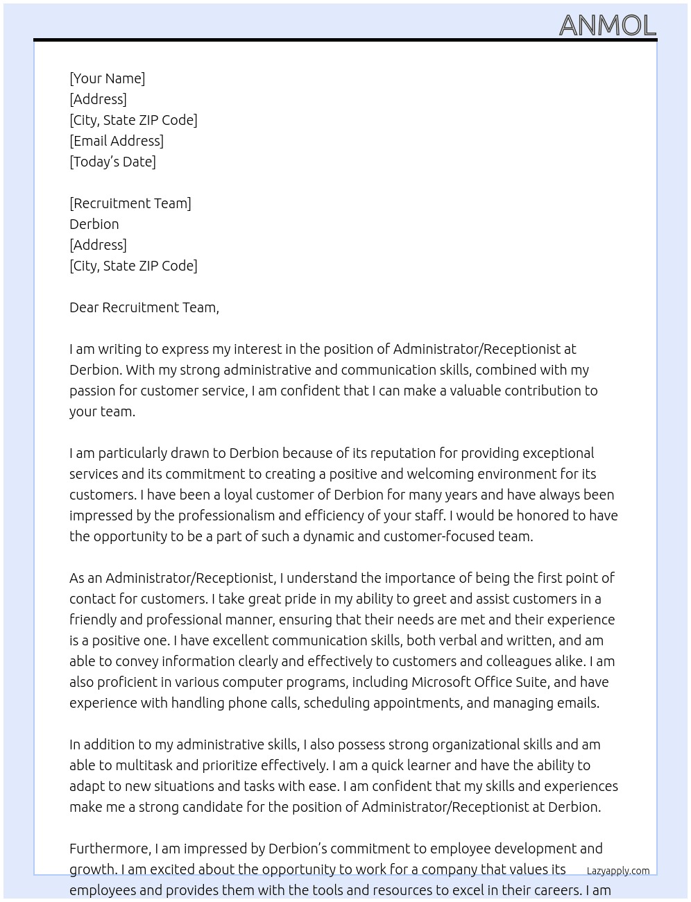 Administrator/Receptionist At Derbion Cover Letter