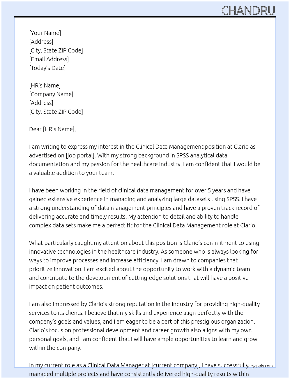clinical data management At CLARIO Cover Letter