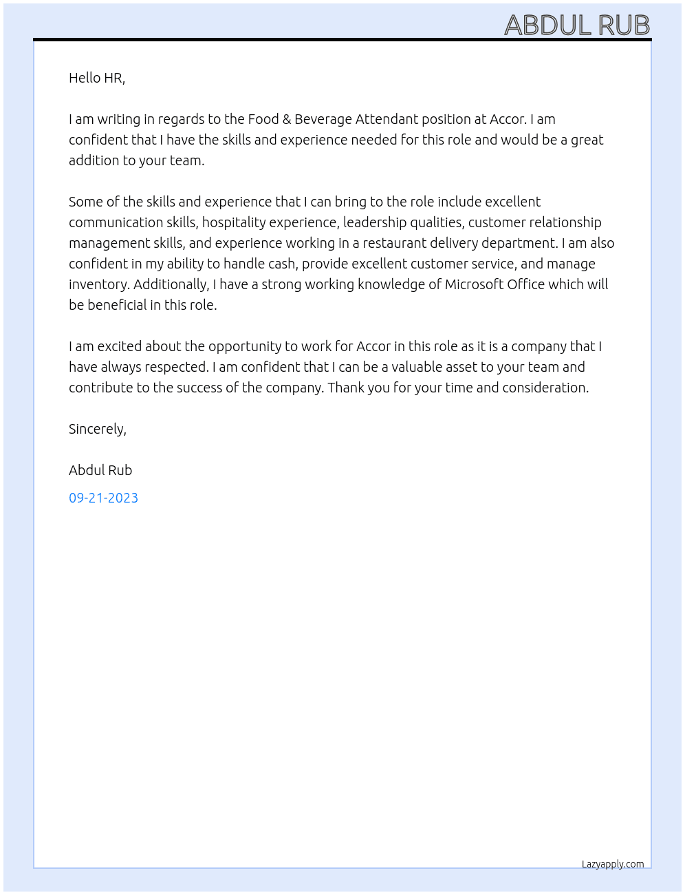 Food & Beverage Attendant At Accor Cover Letter