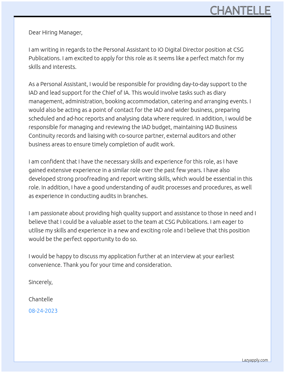 Personal Assistant to IO Digital Director At CSG Publications Cover Letter