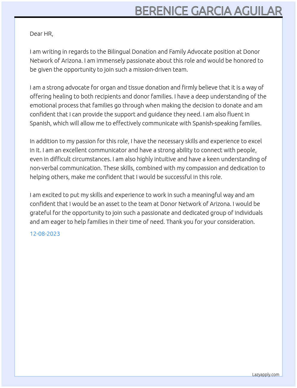 Bilingual Donation and Family Advocate  At Donor Network of Arizona Cover Letter
